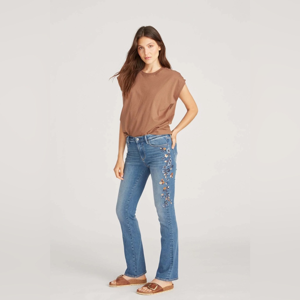 Driftwood Kelly Bootcut Mid-Rise Blue Jeans With Floral Embroiderery Size 25
